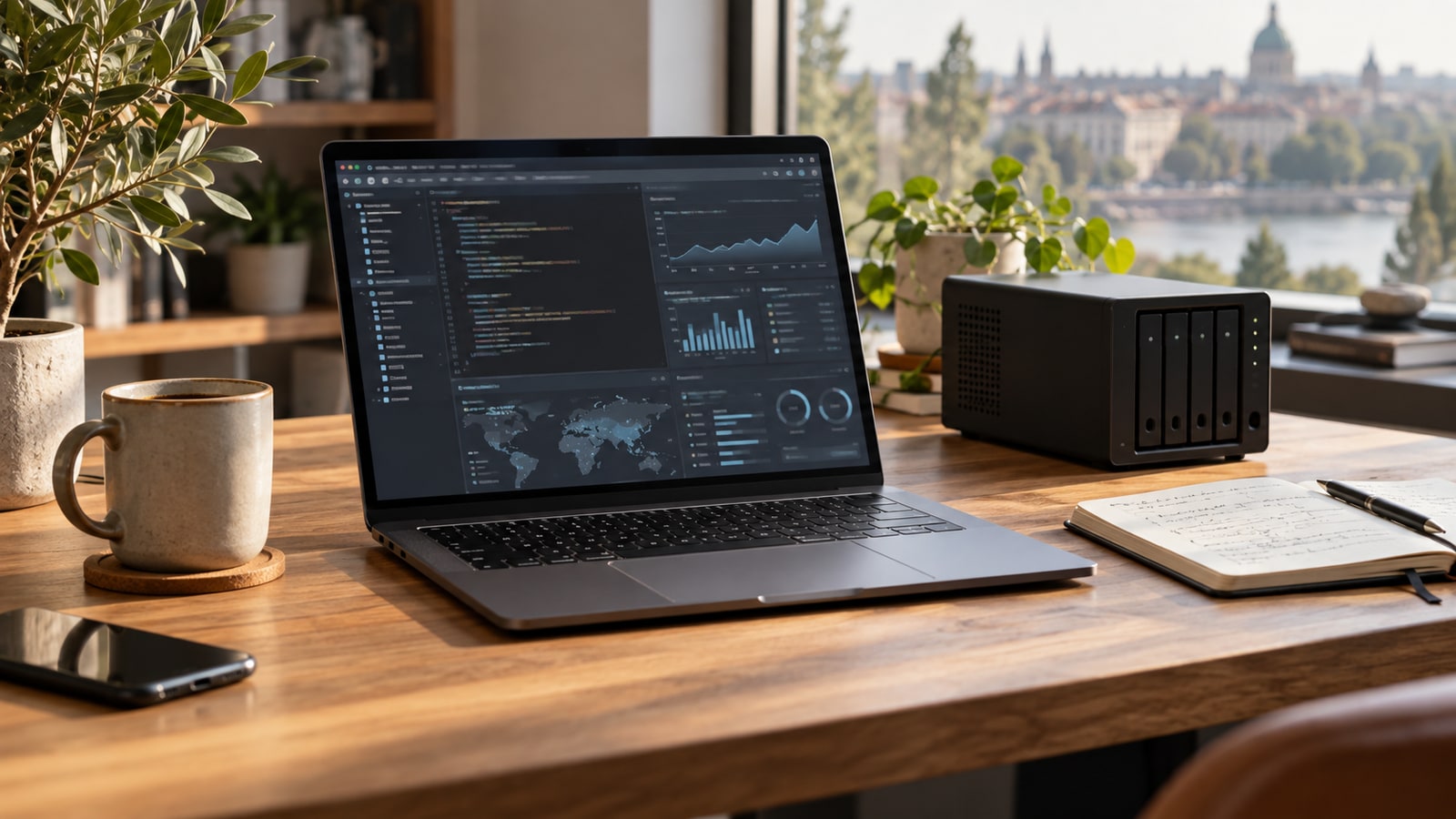 Kliknite za uvećan prikaz slike Fotorealistična developerska radna stanica sa laptopom, serverom i prikazom cloud servisa