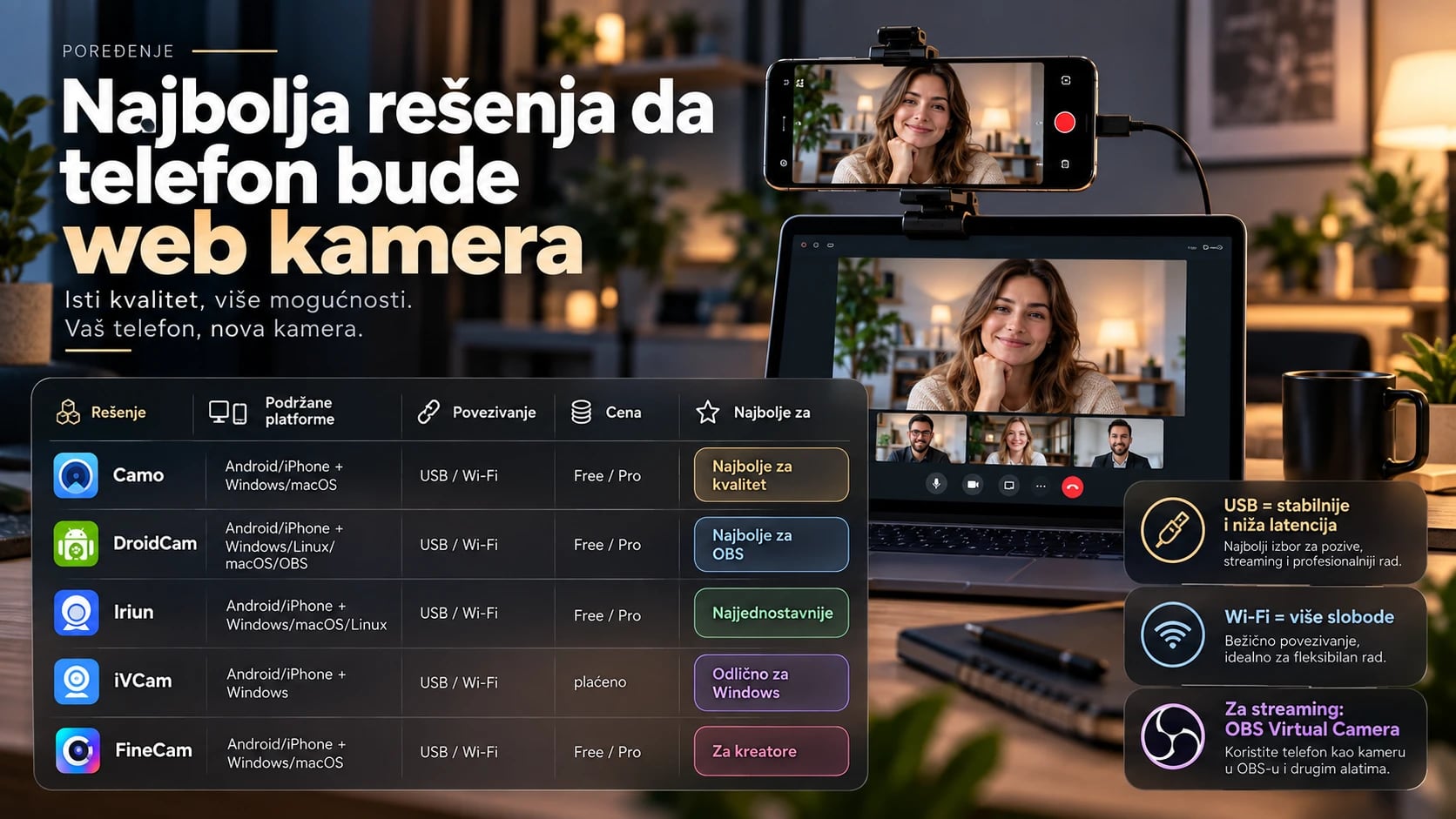 Poređenje aplikacija za korišćenje Android i iPhone telefona kao web kamere